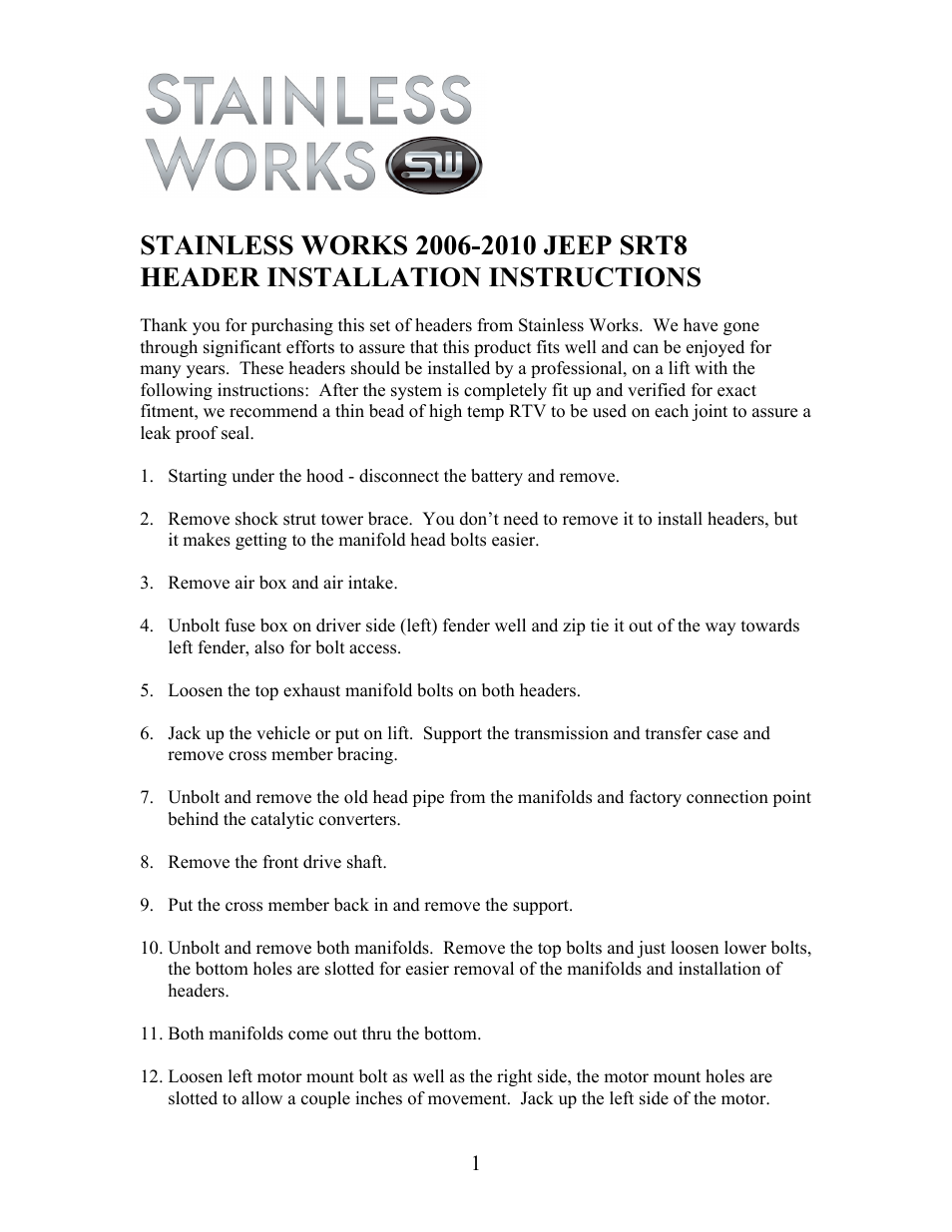 Stainless Works Jeep Grand Cherokee 2006-2010 Headers User Manual | 2 pages