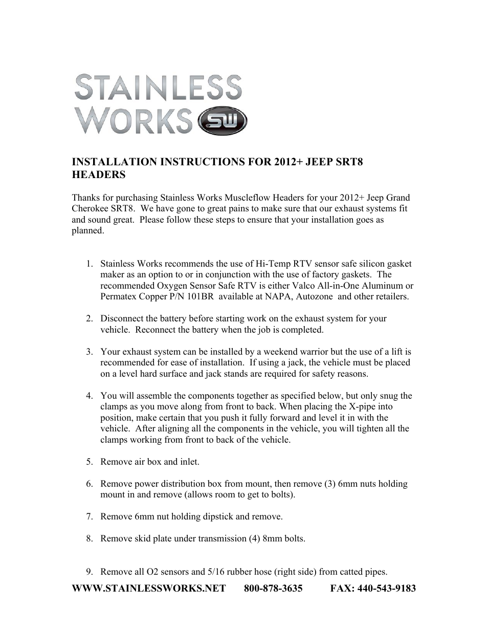 Stainless Works Jeep Grand Cherokee SRT8 2012-14 Headers User Manual | 4 pages