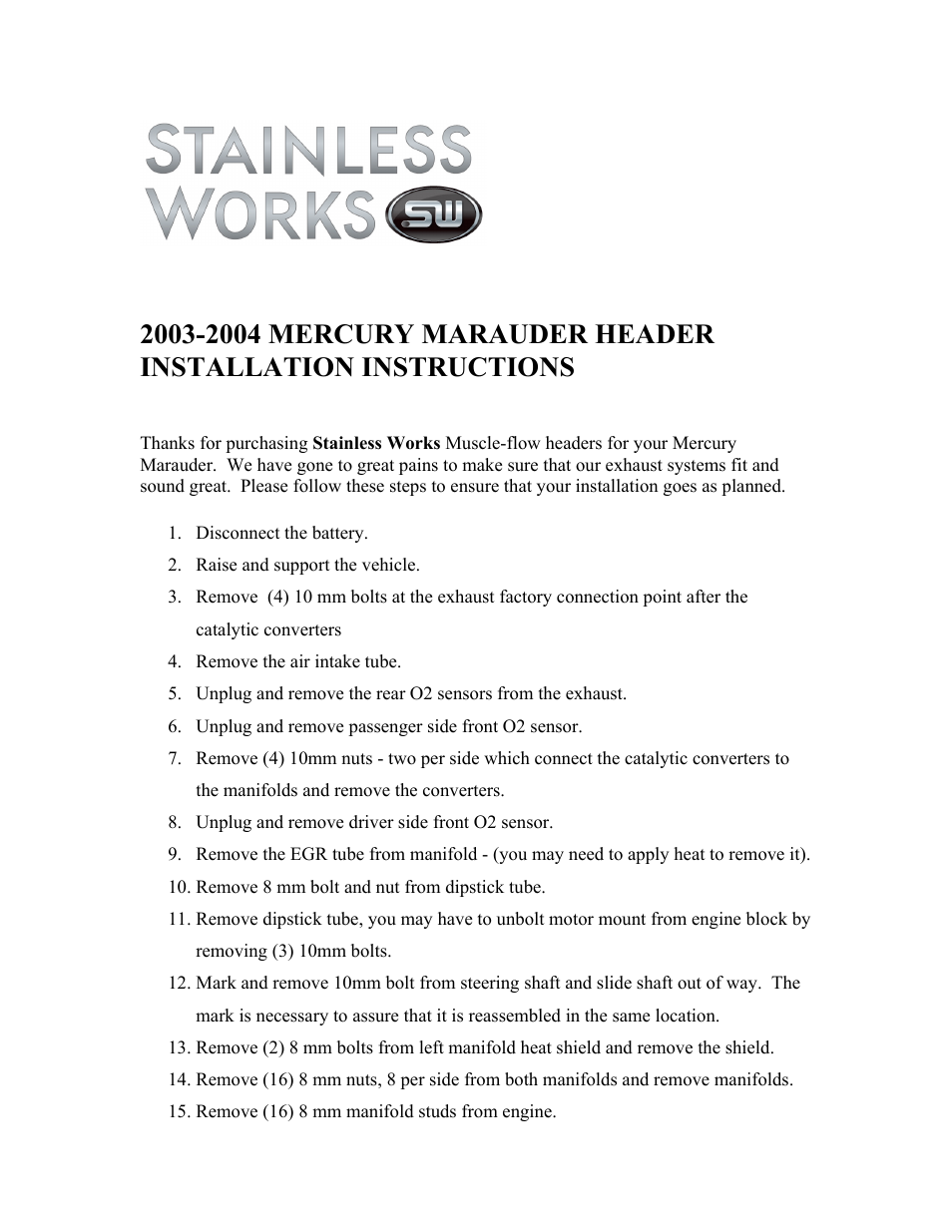 Stainless Works Mercury Marauder 2003-2004 Headers User Manual | 2 pages