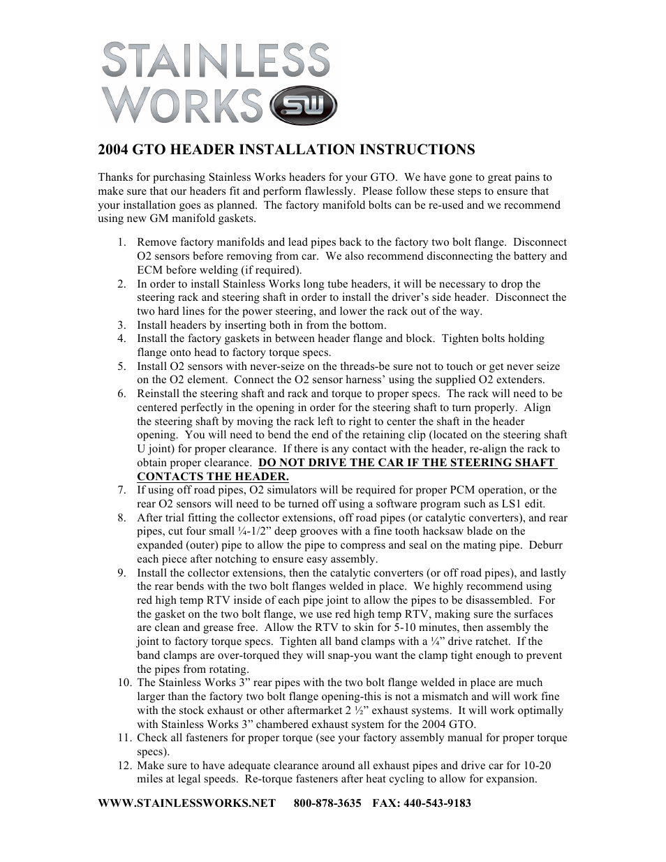 Stainless Works Pontiac GTO 2004 Headers User Manual | 1 page