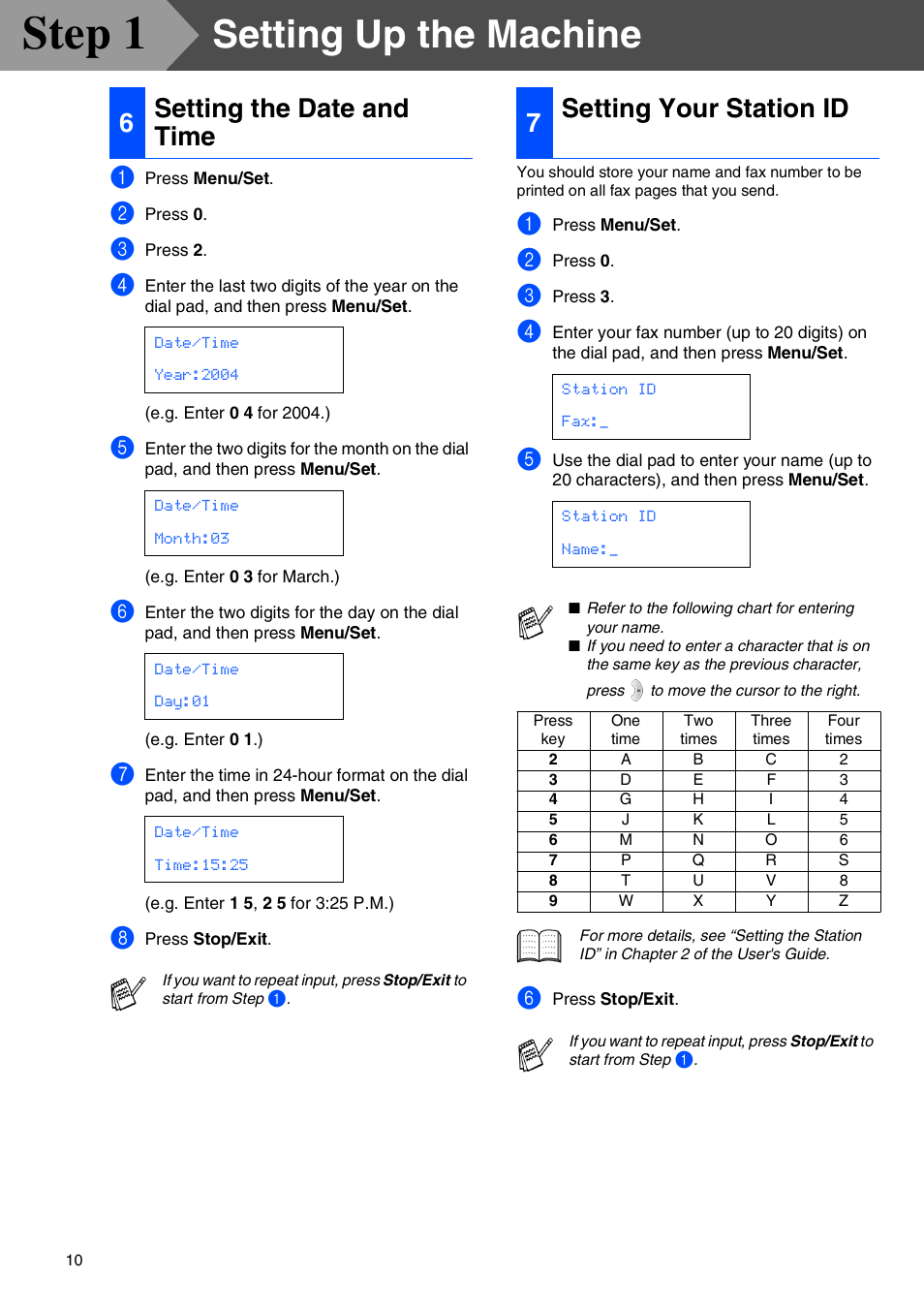 6 setting the date and time, 7 setting your station id, Setting the date and time | Setting your station id, Step 1, Setting up the machine, 6setting the date and time, 7setting your station id | Brother MFC-5440CN User Manual | Page 12 / 37