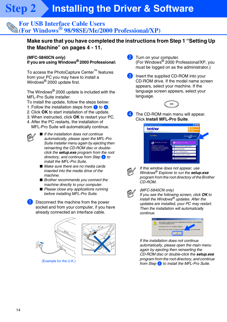 For usb interface cable users, For windows, 98/98se/me/2000 professional/xp | For usb interface cable users ■ windows, Step 2, Installing the driver & software, For usb interface cable users (for windows | Brother MFC-5440CN User Manual | Page 16 / 37