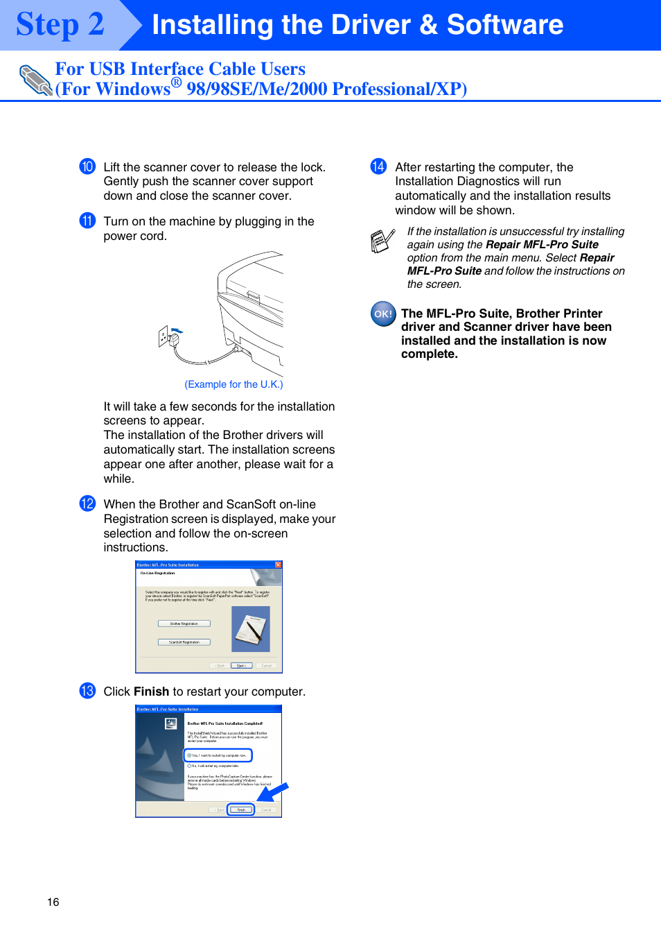 Step 2, Installing the driver & software, For usb interface cable users (for windows | Brother MFC-5440CN User Manual | Page 18 / 37