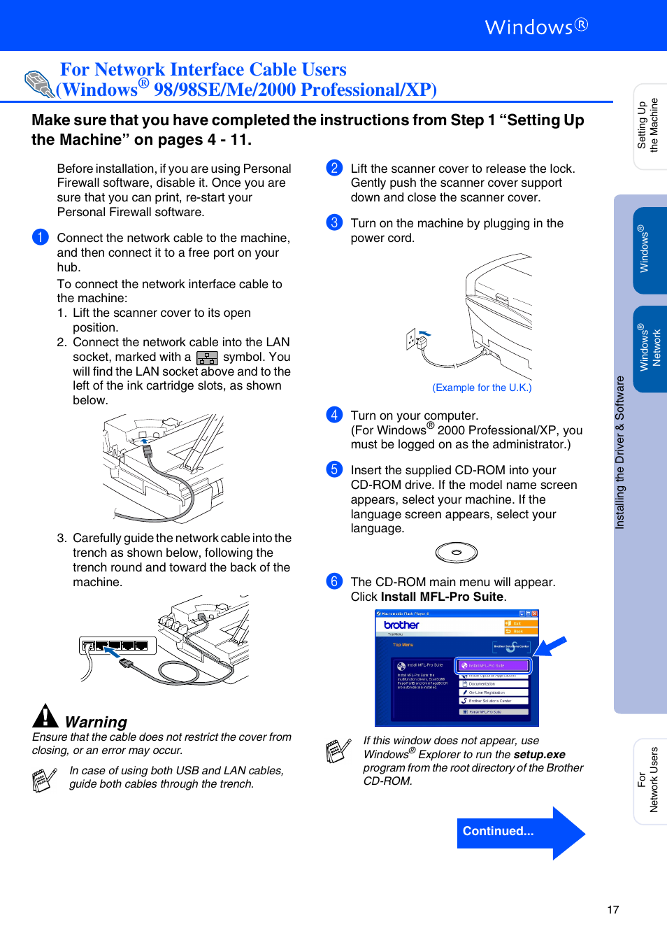 For network interface cable users, For windows, 98/98se/me/2000 professional/xp | For network interface cable users ■ windows, For network interface cable users (windows, Warning | Brother MFC-5440CN User Manual | Page 19 / 37