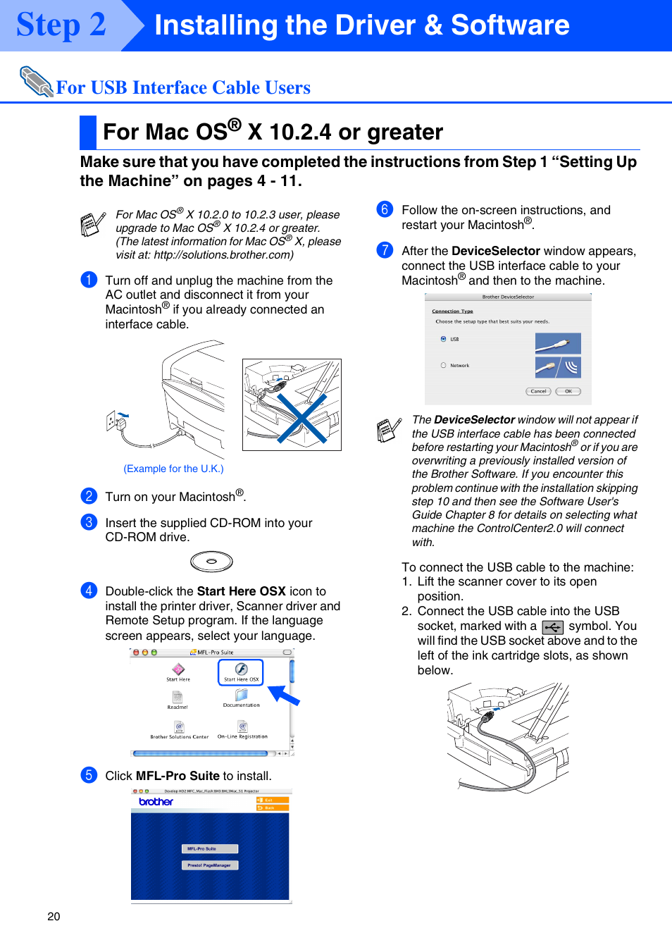 For usb interface cable users, For mac os® x 10.2.4 or greater, For mac os | X 10.2.4 or greater, For usb interface cable users ■ mac os, Step 2, Installing the driver & software | Brother MFC-5440CN User Manual | Page 22 / 37