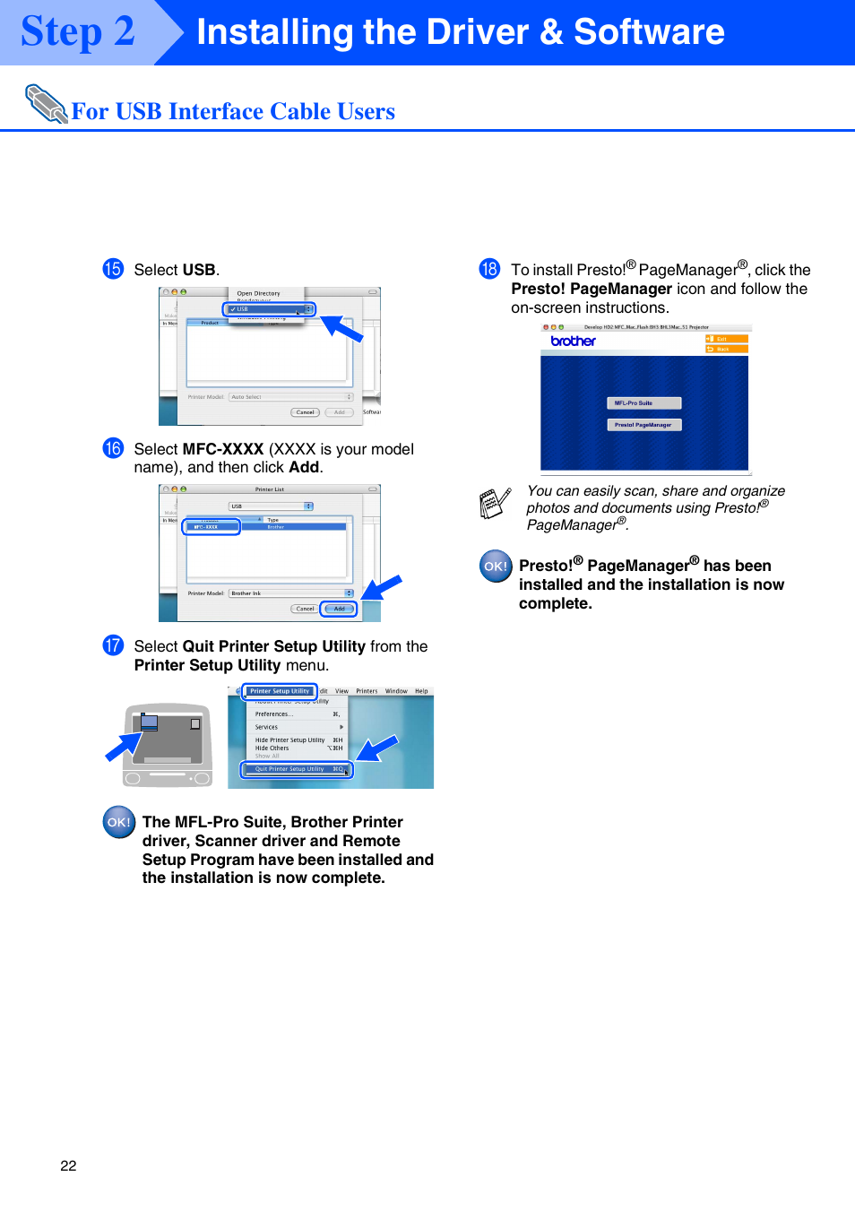 Step 2, Installing the driver & software, For usb interface cable users | Brother MFC-5440CN User Manual | Page 24 / 37