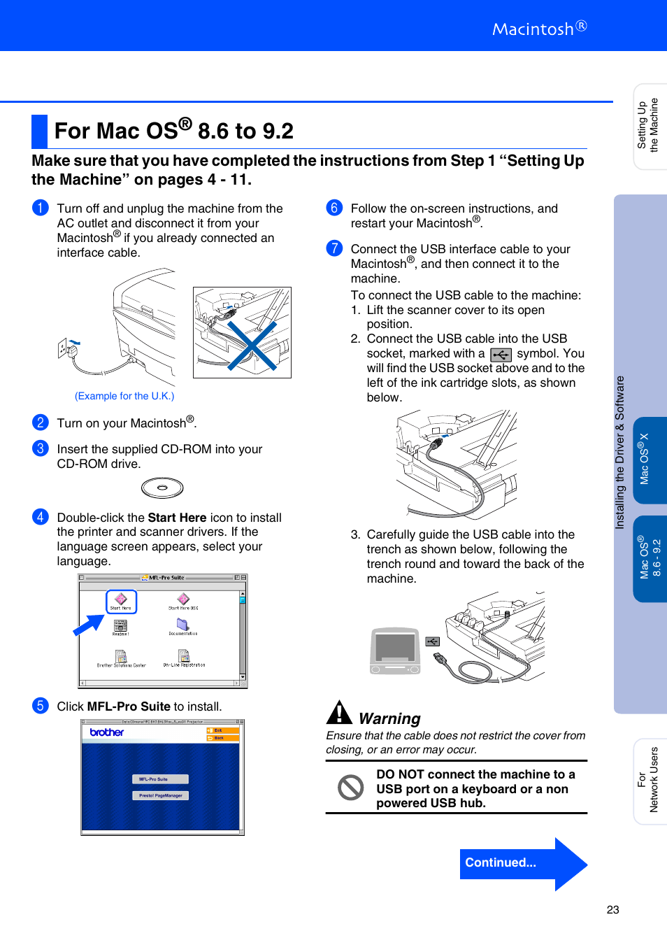 For mac os® 8.6 to 9.2, For mac os, 6 to 9.2 | For usb interface cable users ■ mac os, Warning | Brother MFC-5440CN User Manual | Page 25 / 37