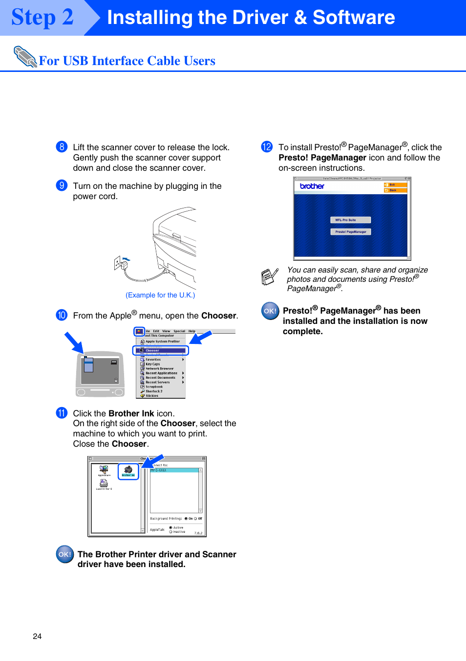 Step 2, Installing the driver & software, For usb interface cable users | Brother MFC-5440CN User Manual | Page 26 / 37