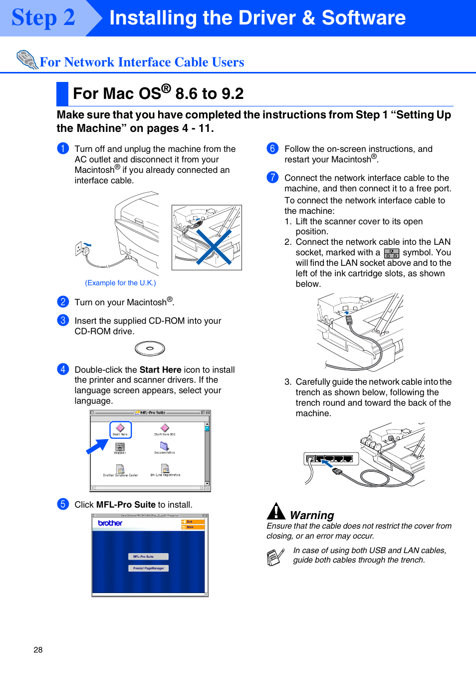 For mac os® 8.6 to 9.2, For mac os, 6 to 9.2 | Mac os, Step 2, Installing the driver & software, For network interface cable users | Brother MFC-5440CN User Manual | Page 30 / 37