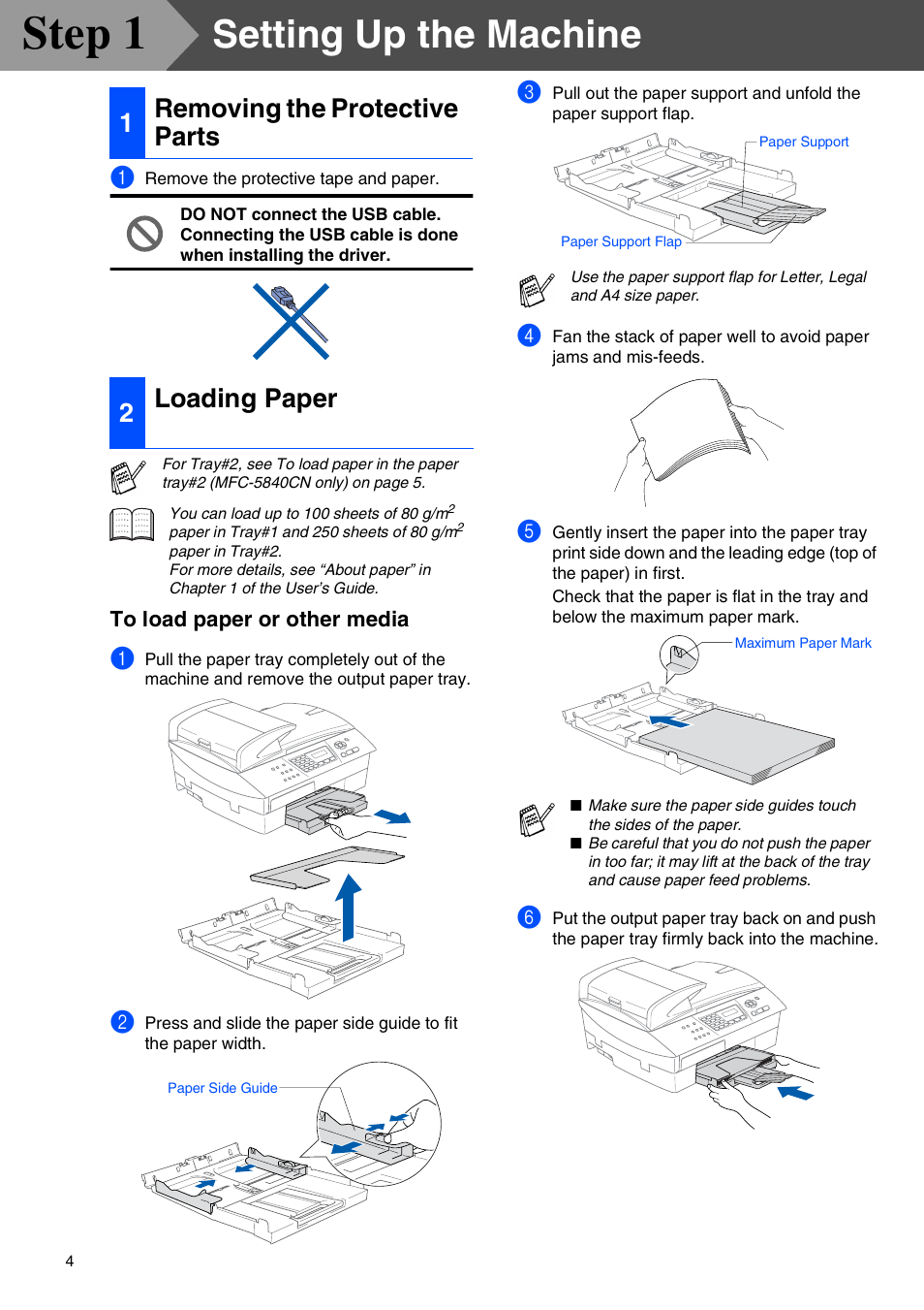 Step1 setting up the machine, 1 removing the protective parts, 2 loading paper | Removing the protective parts, Loading paper, Step 1, Setting up the machine, 1removing the protective parts 2 loading paper | Brother MFC-5440CN User Manual | Page 6 / 37