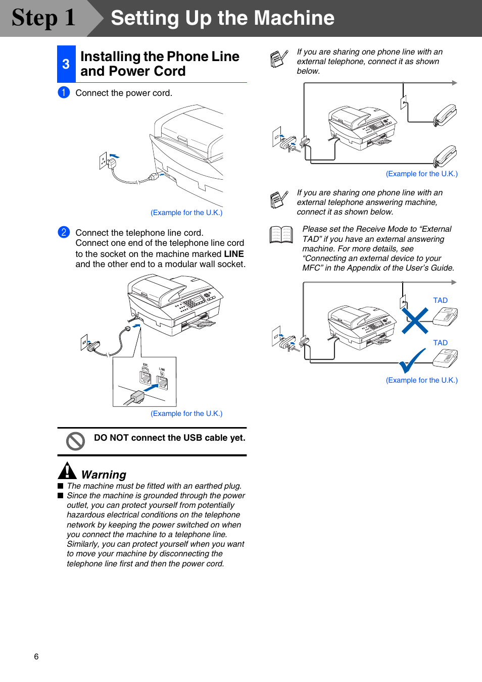 3 installing the phone line and power cord, Installing the phone line and power cord, Step 1 | Setting up the machine, 3installing the phone line and power cord | Brother MFC-5440CN User Manual | Page 8 / 37