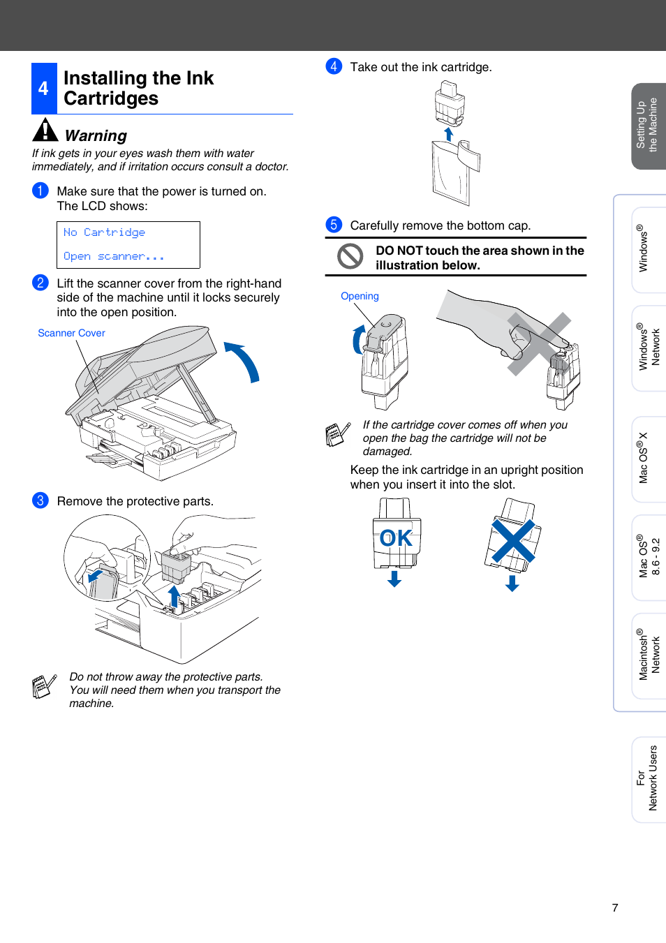 4 installing the ink cartridges, Installing the ink cartridges, 4installing the ink cartridges | Warning | Brother MFC-5440CN User Manual | Page 9 / 37