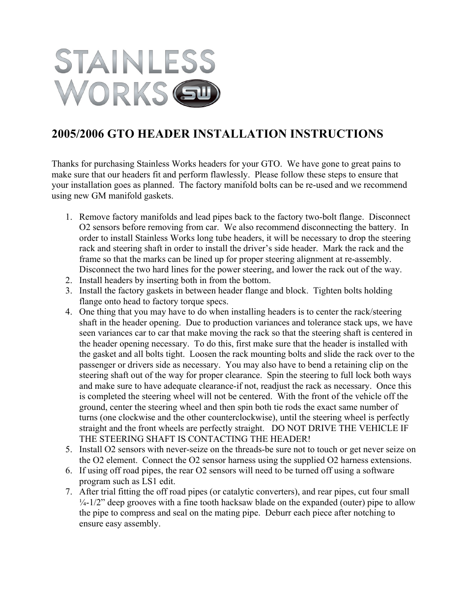 Stainless Works Pontiac GTO 2005-2006 Headers User Manual | 2 pages