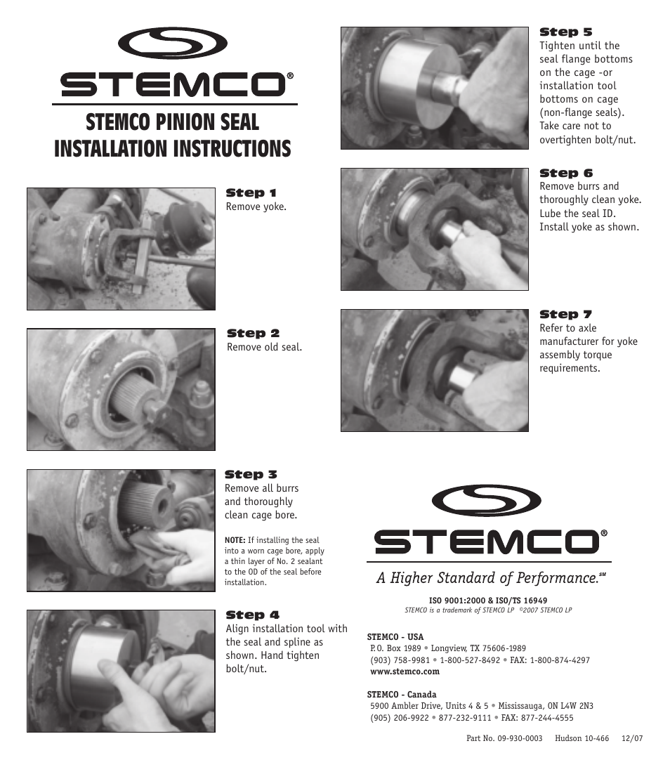 STEMCO Pinion Seal User Manual | 1 page