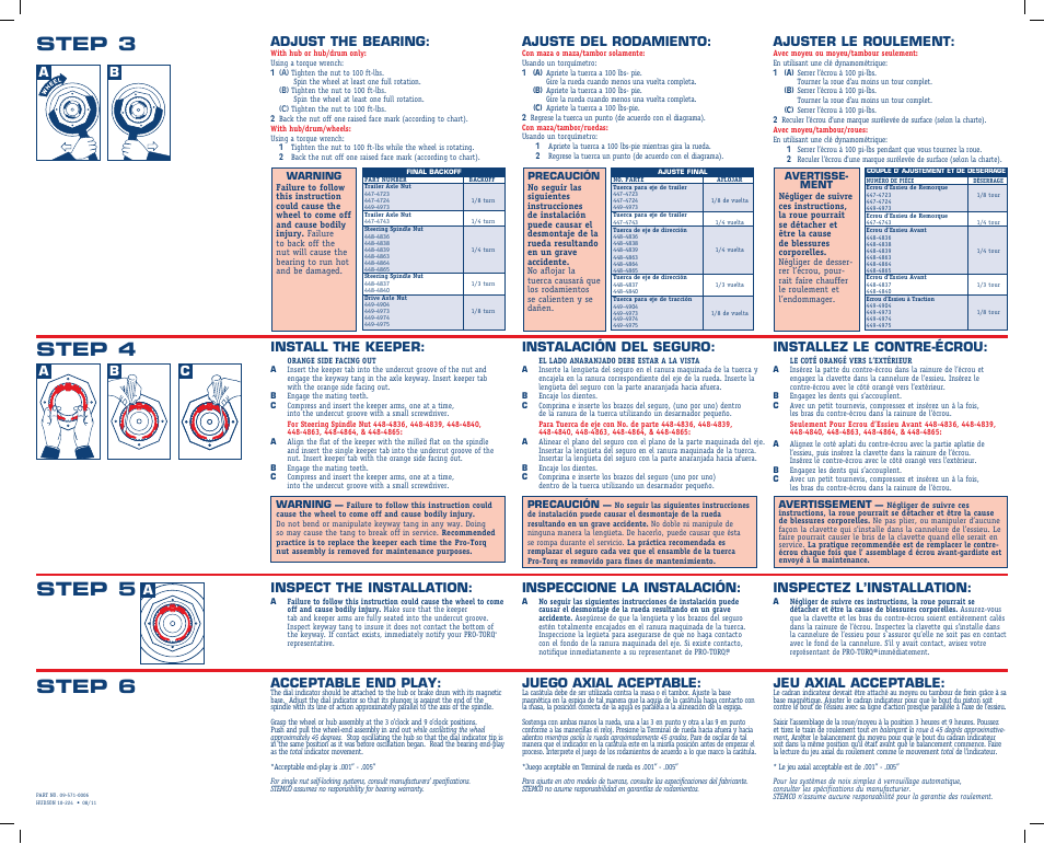Step 5, Step 6, Step 4 | Step 3, Ab c, Instalación del seguro, Install the keeper, Inspect the installation, Adjust the bearing, Ajuste del rodamiento | STEMCO Pro-Torq User Manual | Page 2 / 2
