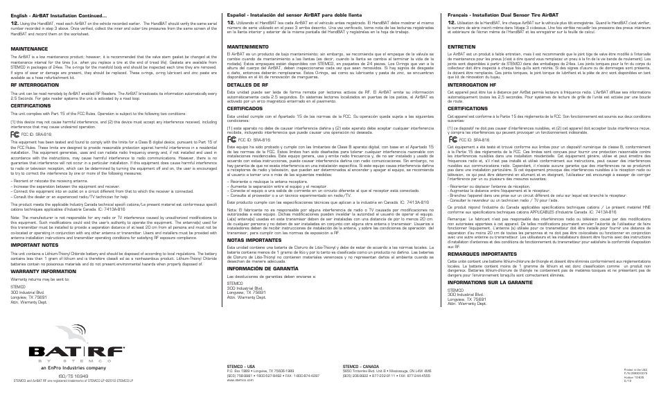 STEMCO Dual Tire AirBAT RF User Manual | Page 2 / 2