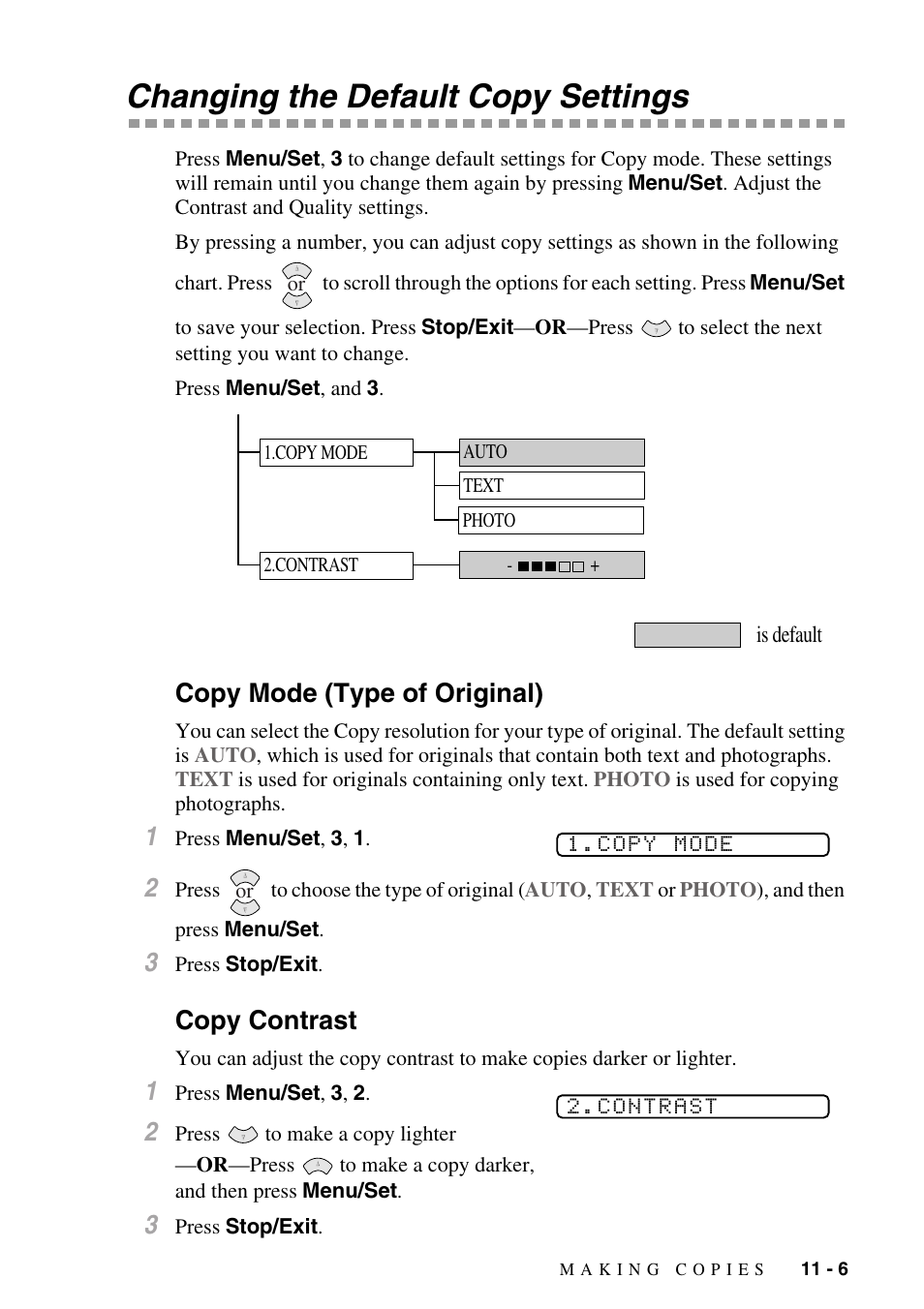 Changing the default copy settings, Copy mode (type of original), Copy contrast | Changing the default copy settings -6, Copy mode (type of original) -6 copy contrast -6 | Brother fax2800 User Manual | Page 101 / 148