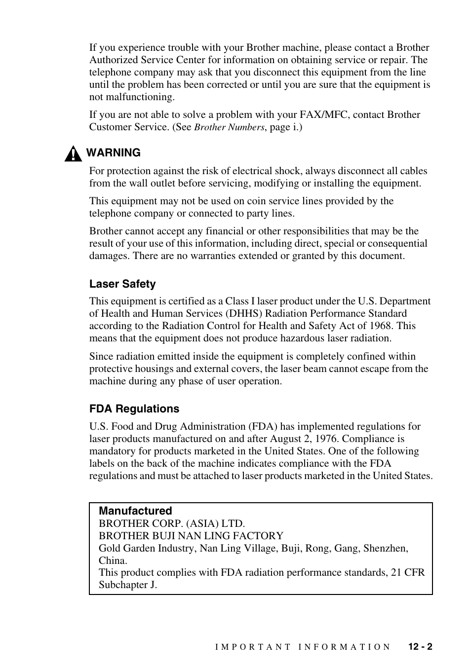 Laser safety, Fda regulations, Laser safety -2 fda regulations -2 | Brother fax2800 User Manual | Page 103 / 148