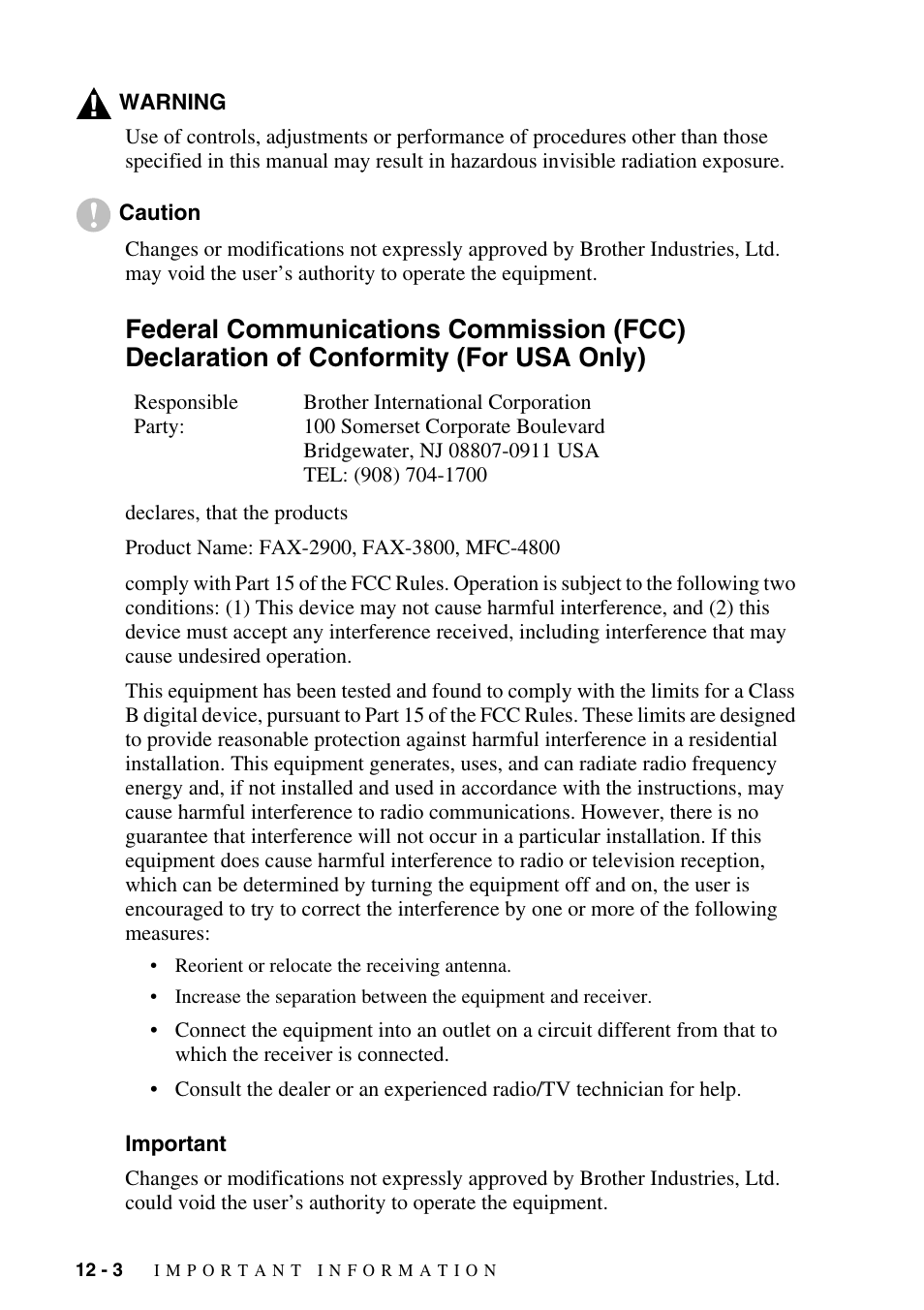 Important, Federal communications commission (fcc) | Brother fax2800 User Manual | Page 104 / 148