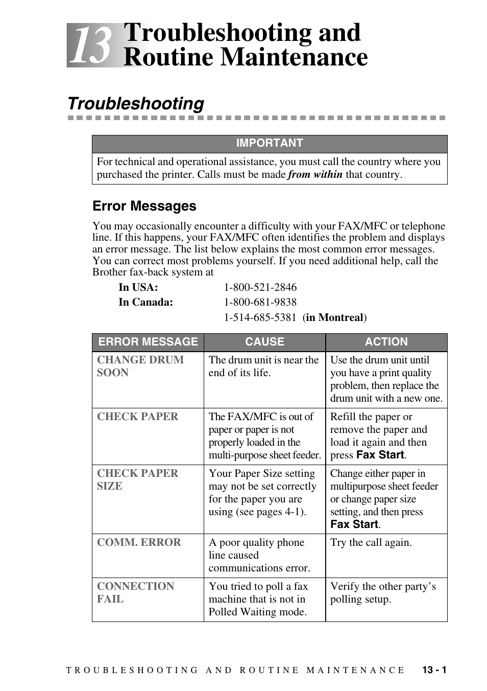 Troubleshooting and routine maintenance, Troubleshooting, Error messages | Troubleshooting and routine maintenance -1, Troubleshooting -1, Error messages -1 | Brother fax2800 User Manual | Page 109 / 148