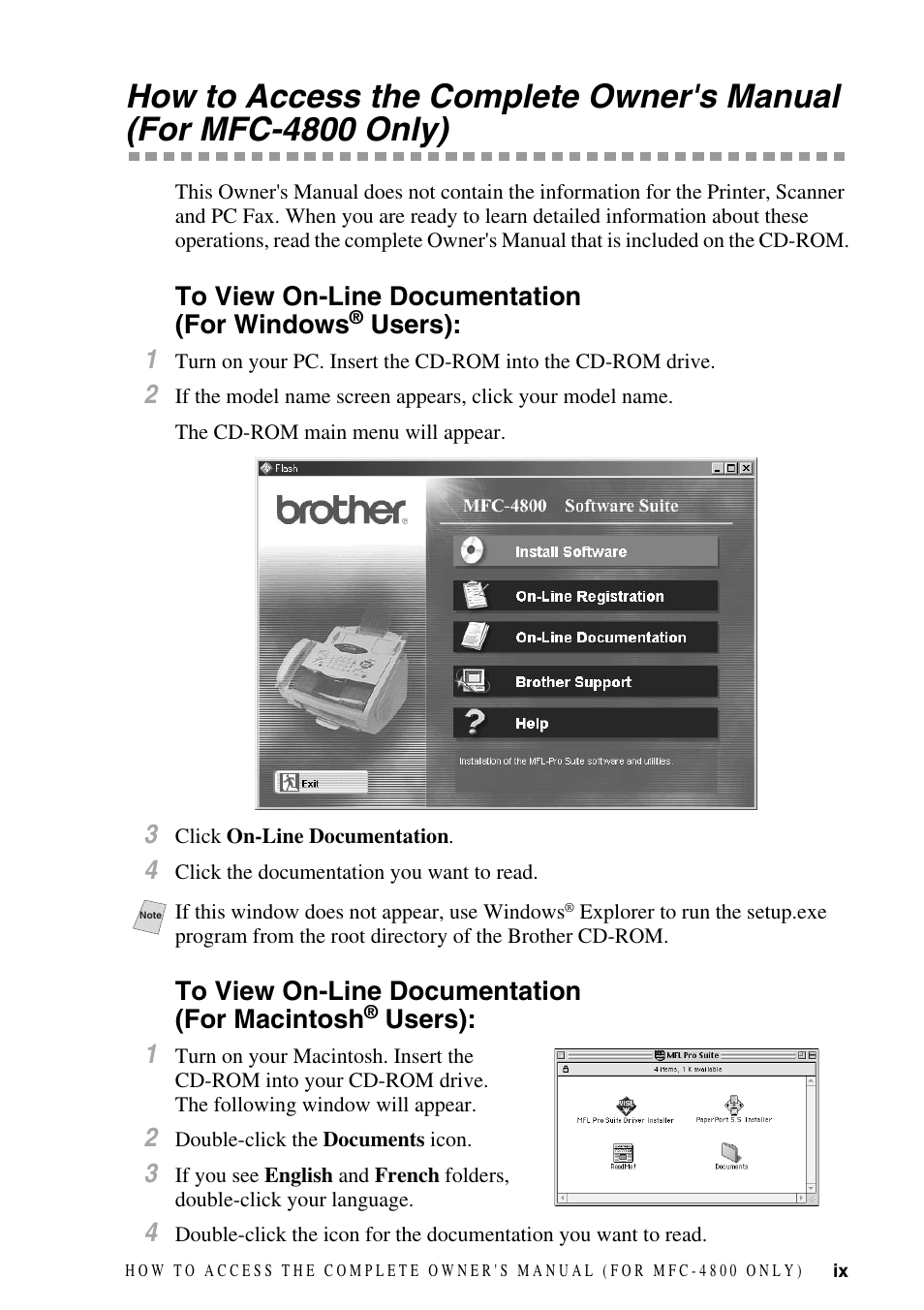 To view on-line documentation (for windows® users), Users): 1 | Brother fax2800 User Manual | Page 11 / 148