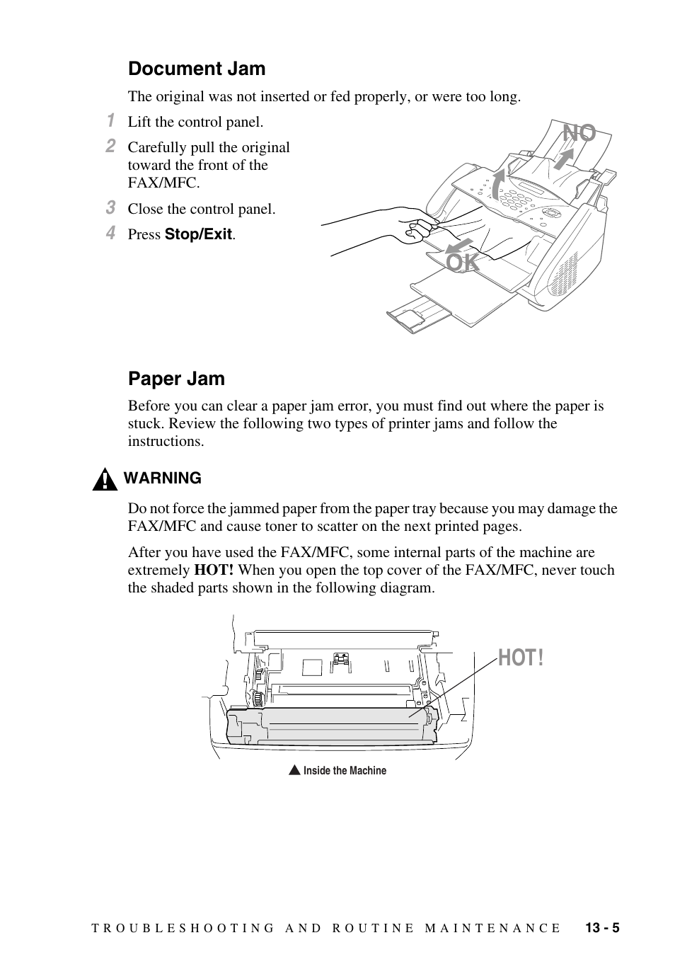 Document jam, Paper jam, Document jam -5 paper jam -5 | No ok hot | Brother fax2800 User Manual | Page 113 / 148