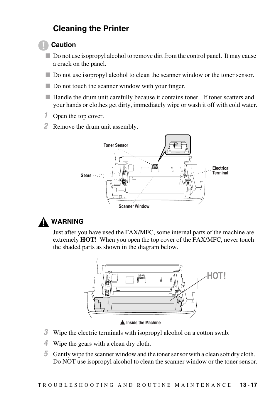 Cleaning the printer, Cleaning the printer -17, 17 and | Cleaning the, Printer | Brother fax2800 User Manual | Page 125 / 148