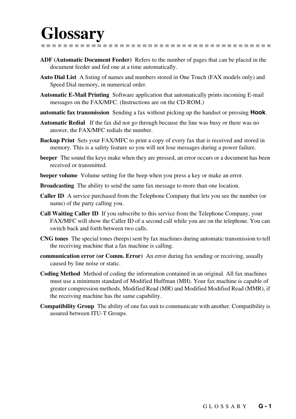 Glossary | Brother fax2800 User Manual | Page 135 / 148