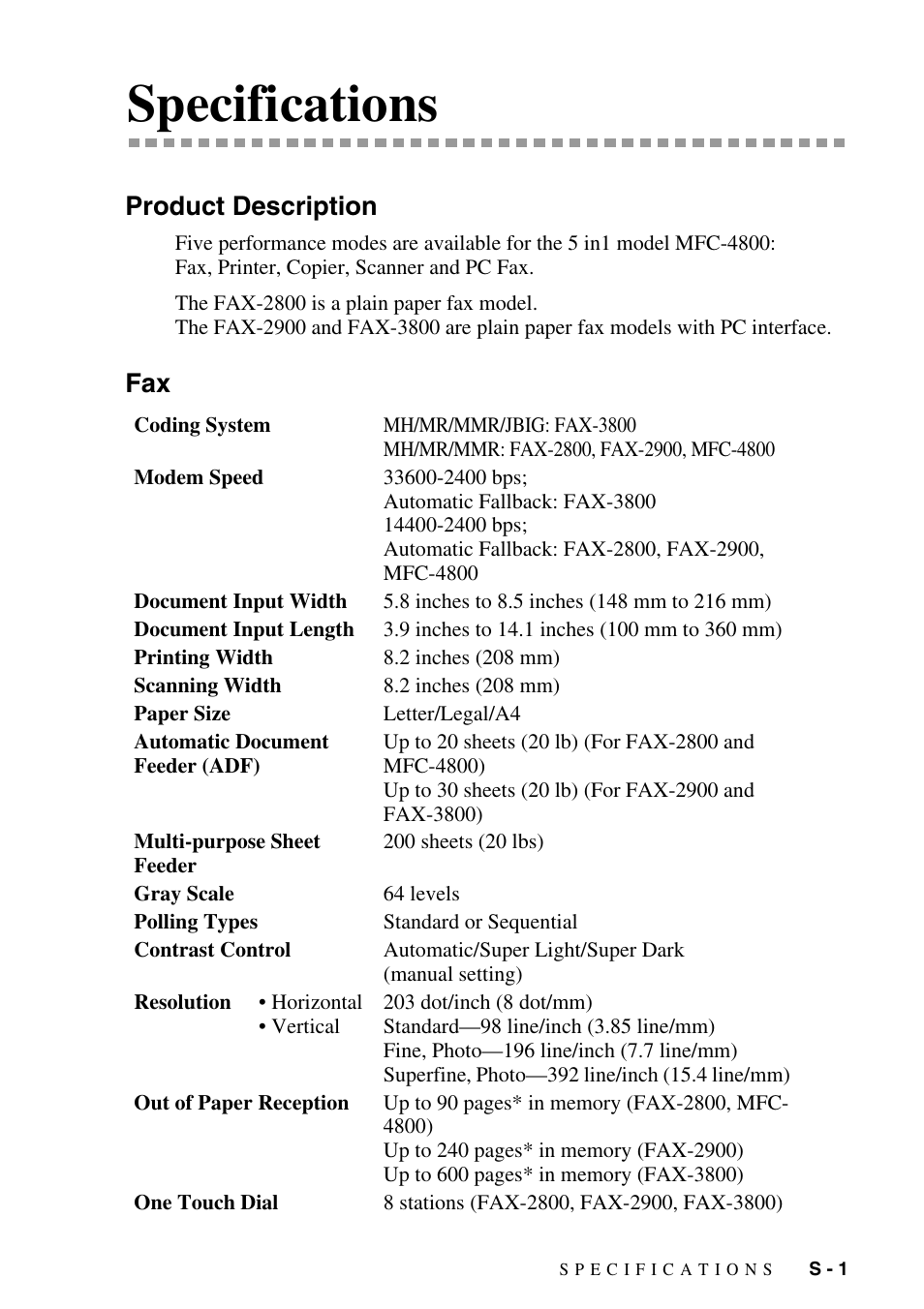 Specifications, Product description | Brother fax2800 User Manual | Page 139 / 148