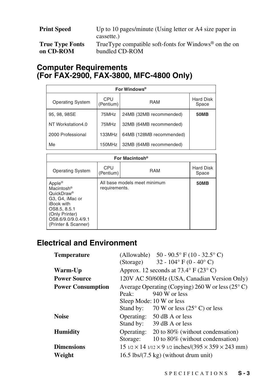 Electrical and environment, Computer requirements | Brother fax2800 User Manual | Page 141 / 148