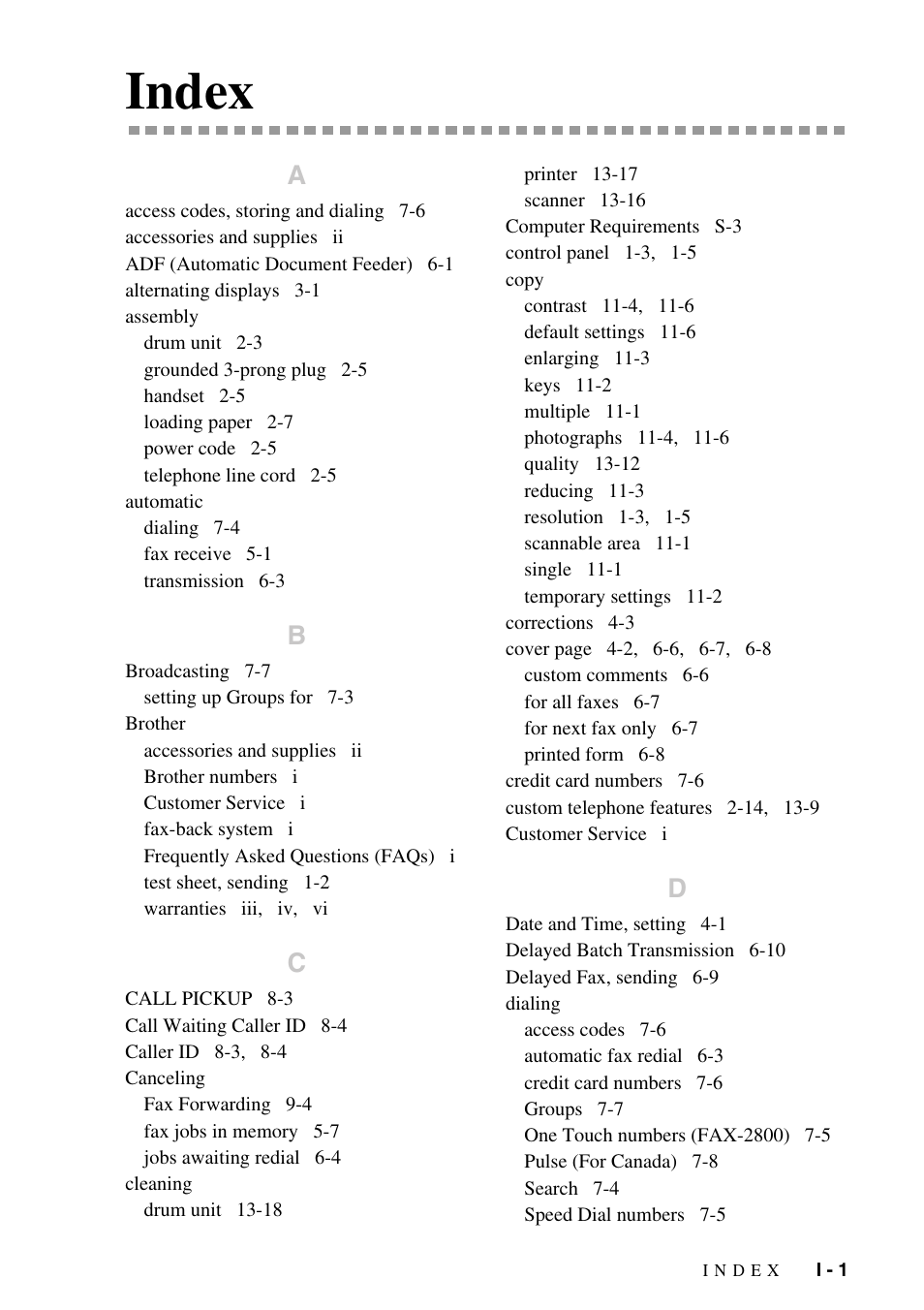 Index | Brother fax2800 User Manual | Page 143 / 148