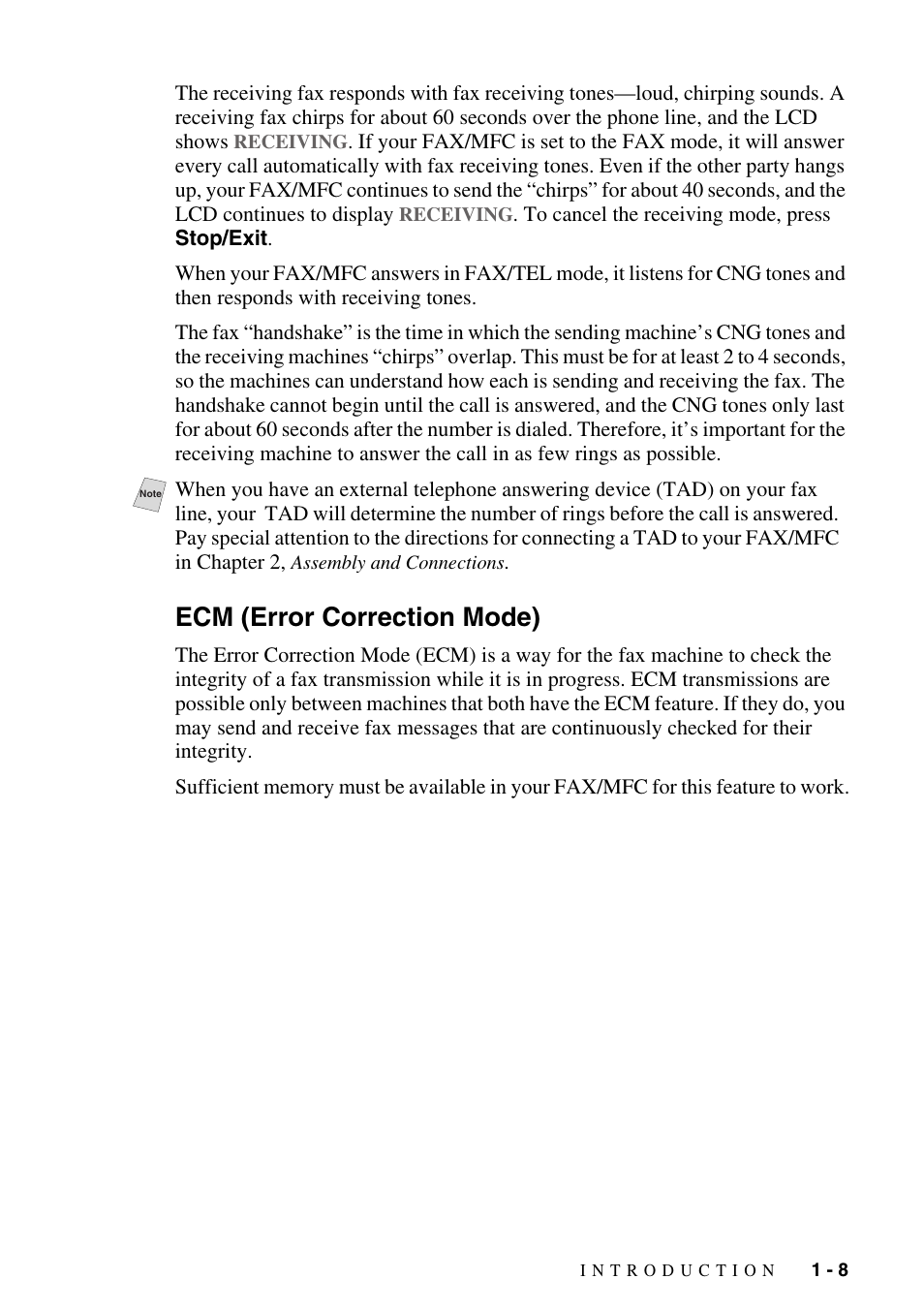 Ecm (error correction mode), Ecm (error correction mode) -8 | Brother fax2800 User Manual | Page 27 / 148