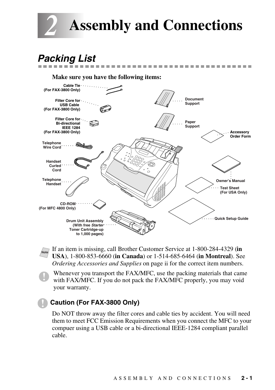 Assembly and connections, Packing list, Assembly and connections -1 | Packing list -1 | Brother fax2800 User Manual | Page 29 / 148