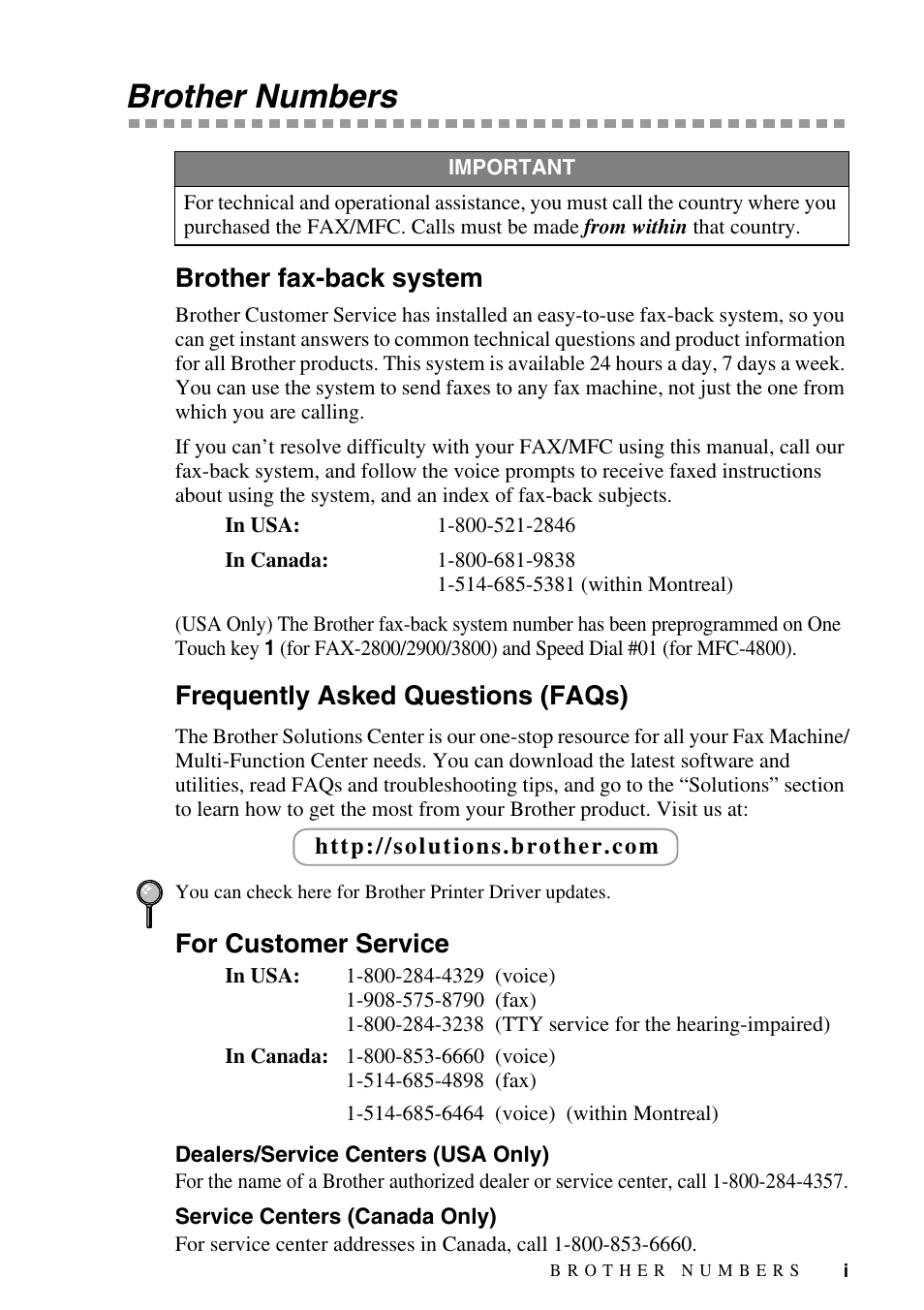 Brother numbers, Brother fax-back system, Frequently asked questions (faqs) | For customer service, Dealers/service centers (usa only), Service centers (canada only) | Brother fax2800 User Manual | Page 3 / 148