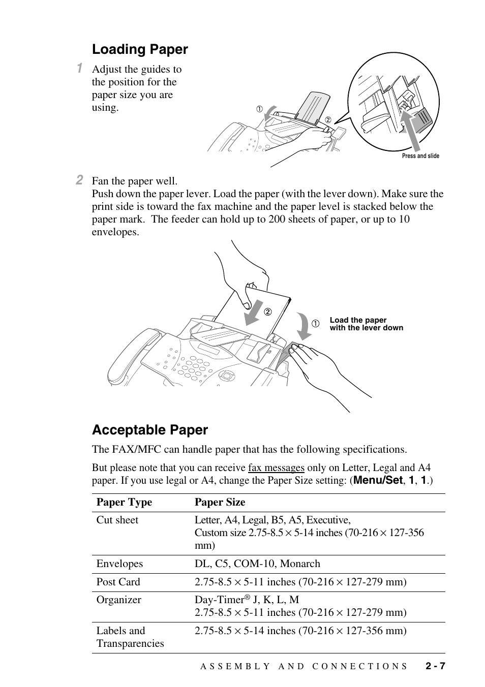 Loading paper, Acceptable paper, Loading paper -7 acceptable paper -7 | Loading paper 1 | Brother fax2800 User Manual | Page 35 / 148