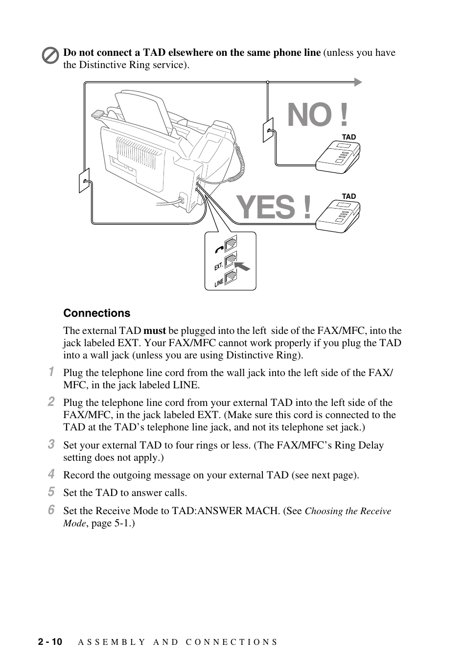 Connections, Connections -10, No ! yes | Brother fax2800 User Manual | Page 38 / 148