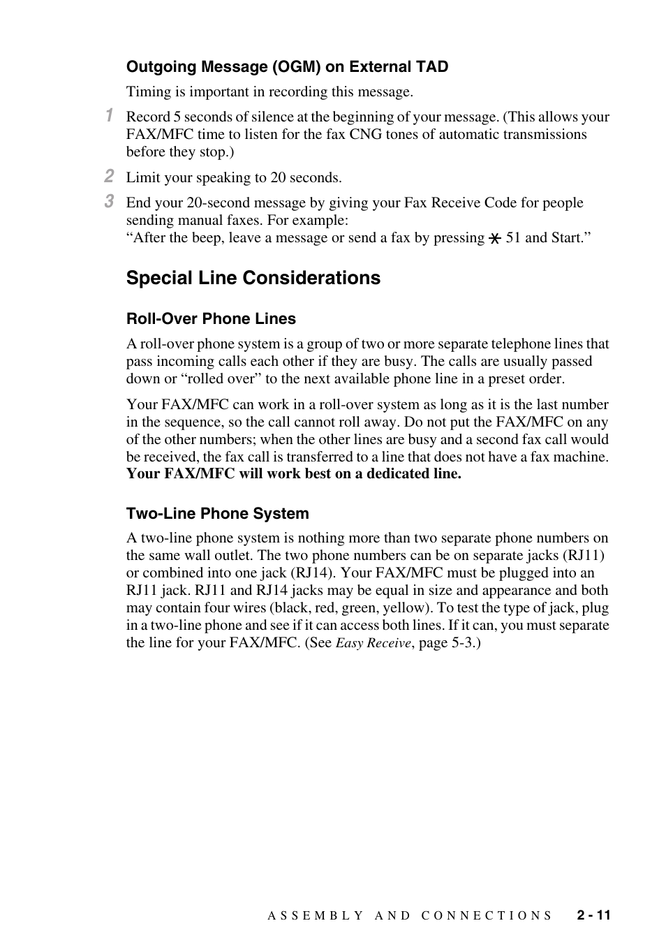 Outgoing message (ogm) on external tad, Special line considerations, Roll-over phone lines | Two-line phone system, Outgoing message (ogm) on external tad -11, Special line considerations -11 | Brother fax2800 User Manual | Page 39 / 148