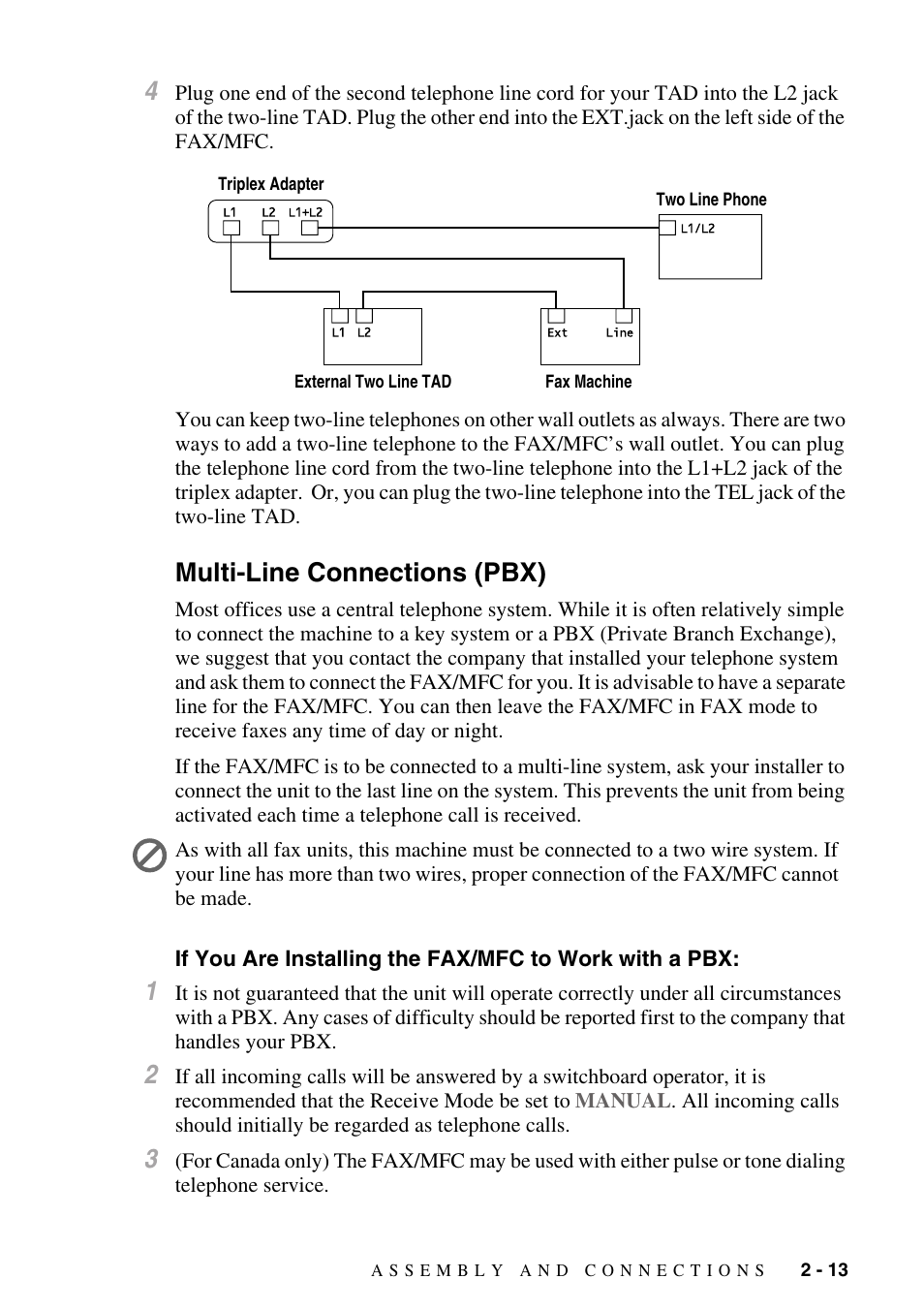 Multi-line connections (pbx), Multi-line connections (pbx) -13, If you are installing the fax/mfc to | Work with a pbx: -13 | Brother fax2800 User Manual | Page 41 / 148