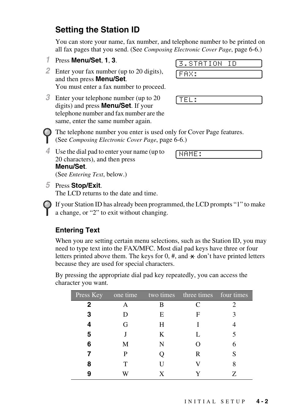 Setting the station id, Entering text, Setting the station id -2 | Entering text -2, Setting, The station id | Brother fax2800 User Manual | Page 51 / 148