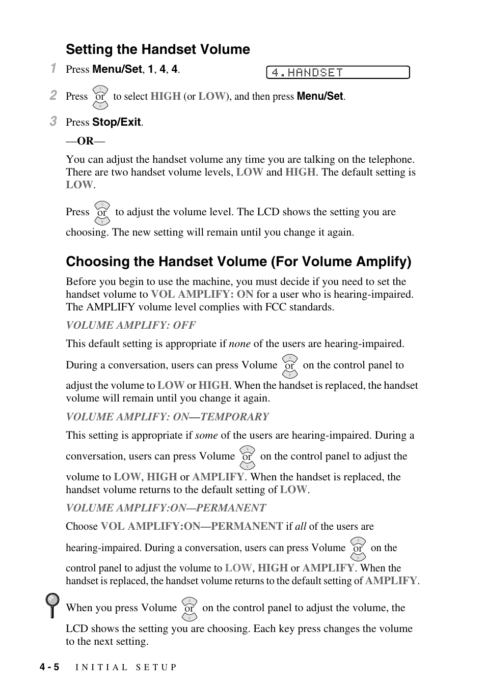 Setting the handset volume, Choosing the handset volume (for volume amplify), Setting the handset volume 1 | Brother fax2800 User Manual | Page 54 / 148