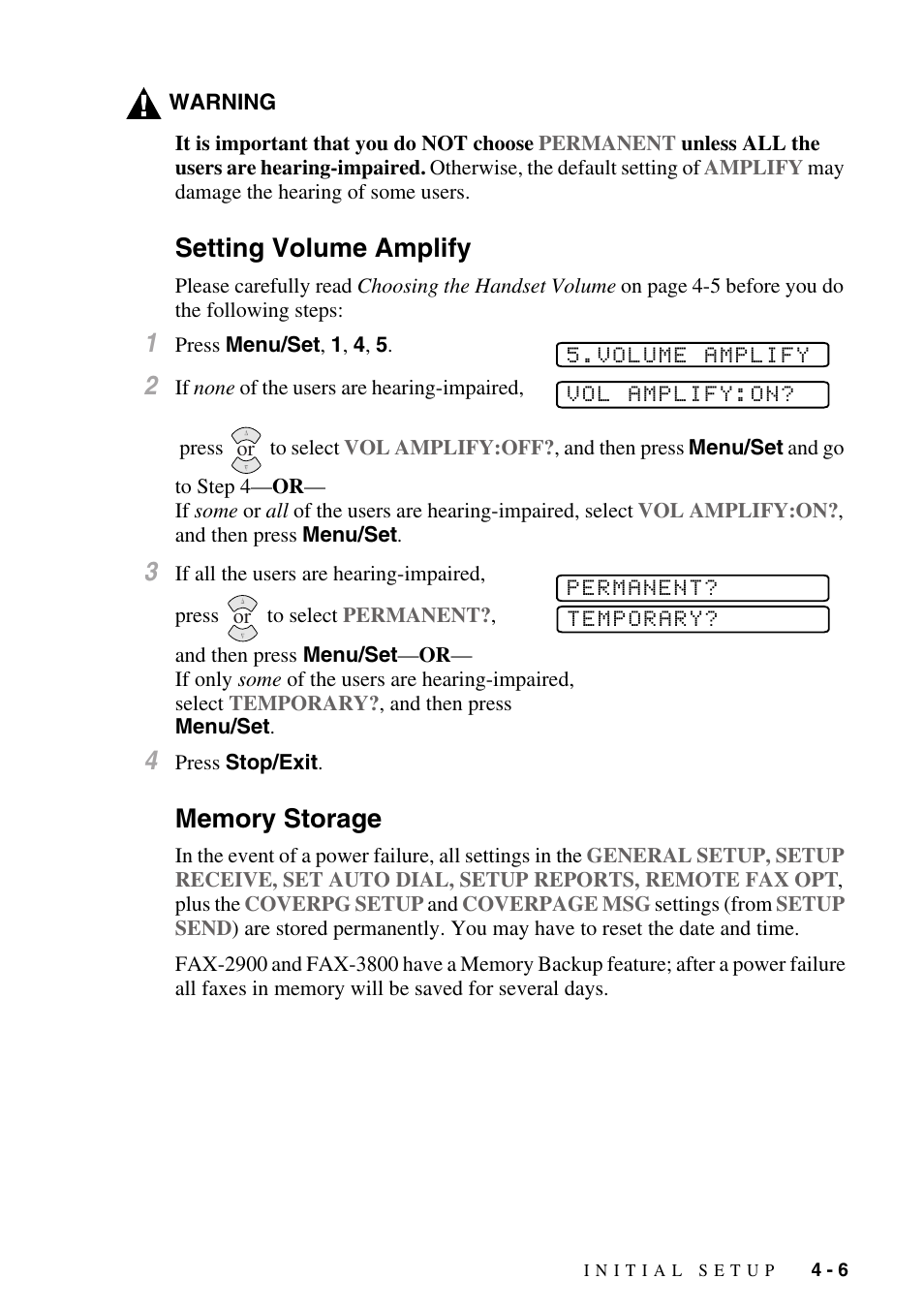 Setting volume amplify, Memory storage, Setting volume amplify -6 memory storage -6 | Brother fax2800 User Manual | Page 55 / 148