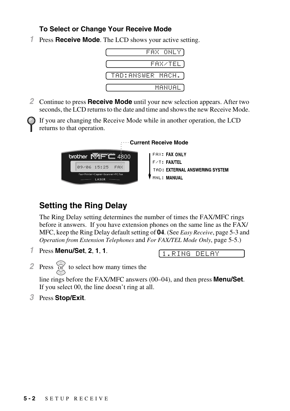 To select or change your receive mode, Setting the ring delay, To select or change your receive mode -2 | Setting the ring delay -2 | Brother fax2800 User Manual | Page 58 / 148