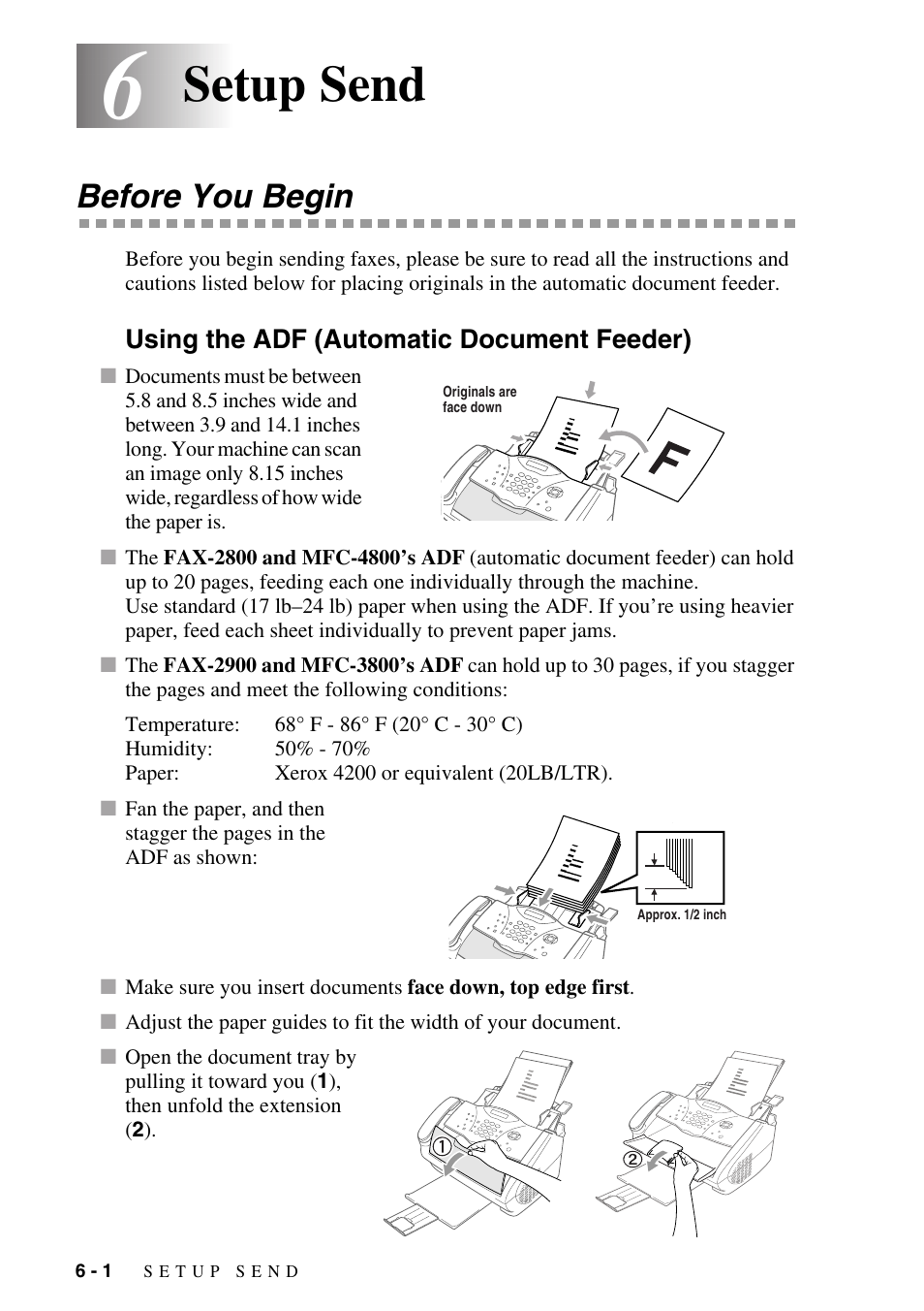 Setup send, Before you begin, Using the adf (automatic document feeder) | Setup send -1, Before you begin -1, Using the adf (automatic document feeder) -1 | Brother fax2800 User Manual | Page 64 / 148