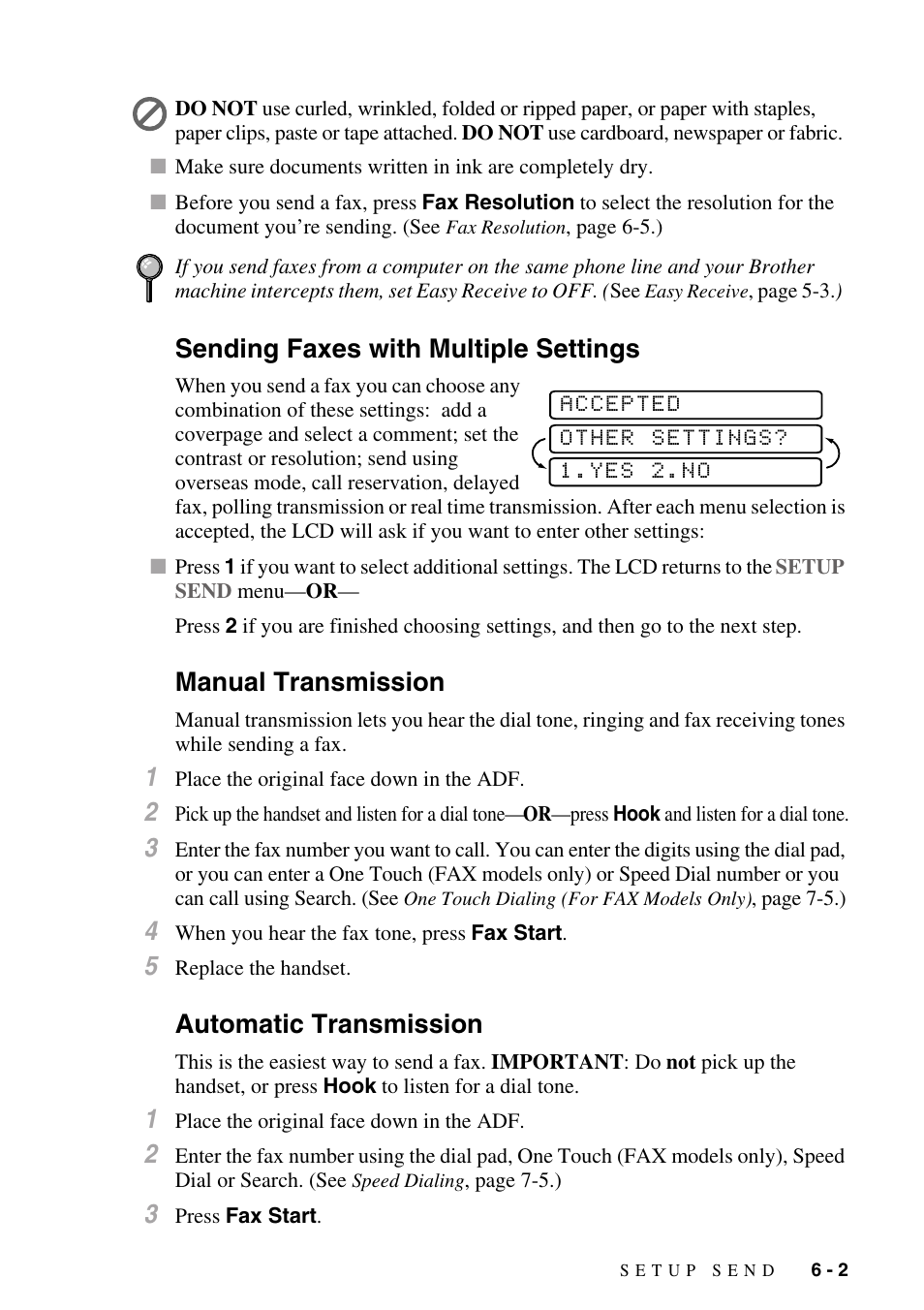 Sending faxes with multiple settings, Manual transmission, Automatic transmission | Brother fax2800 User Manual | Page 65 / 148