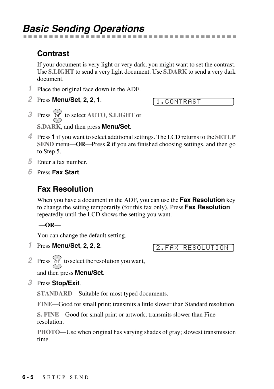 Basic sending operations, Contrast, Fax resolution | Basic sending operations -5, Contrast -5 fax resolution -5, Re sending. (see | Brother fax2800 User Manual | Page 68 / 148