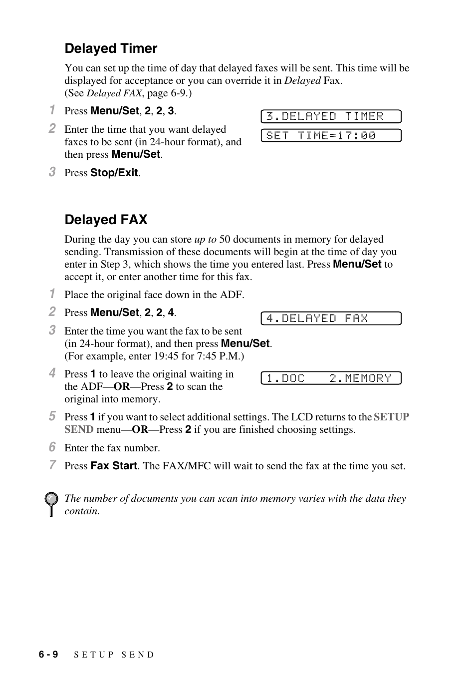 Delayed timer, Delayed fax, Delayed timer -9 delayed fax -9 | Brother fax2800 User Manual | Page 72 / 148