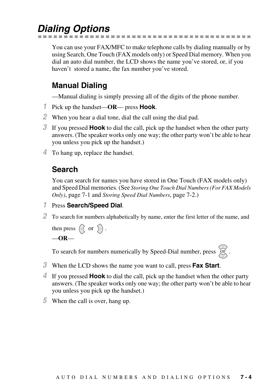 Dialing options, Manual dialing, Search | Dialing options -4, Manual dialing -4 search -4 | Brother fax2800 User Manual | Page 77 / 148