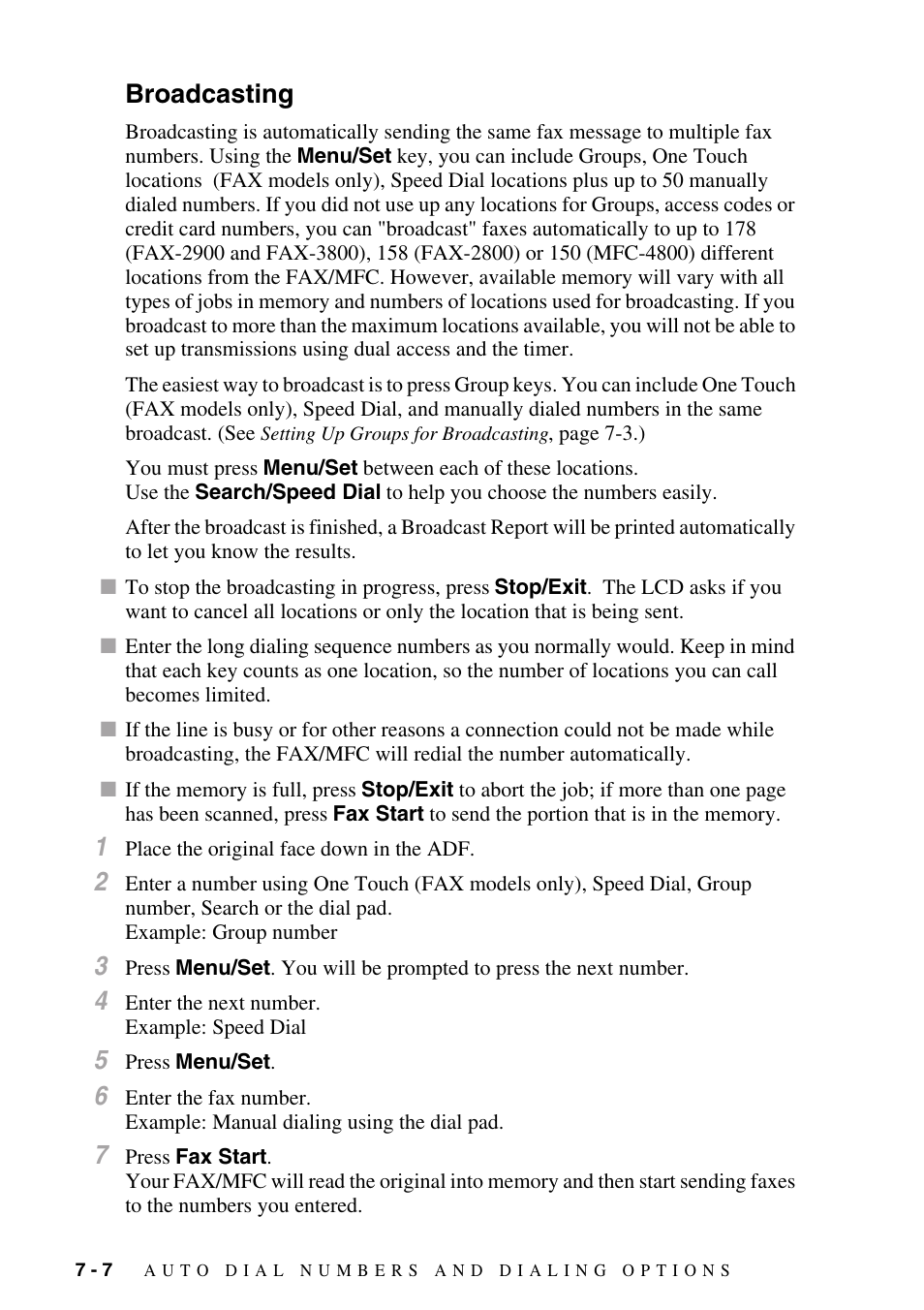 Broadcasting, Broadcasting -7 | Brother fax2800 User Manual | Page 80 / 148