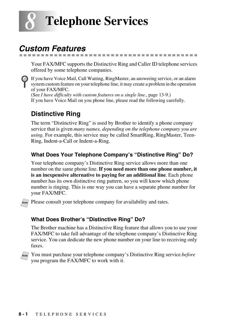 Telephone services, Custom features, Distinctive ring | What does brother’s “distinctive ring” do, Telephone services -1, Custom features -1, Distinctive ring -1, What does your telephone company’s, Distinctive ring” do? -1, What does brother’s “distinctive ring” do? -1 | Brother fax2800 User Manual | Page 82 / 148