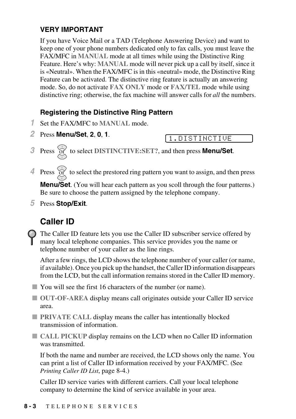 Very important, Registering the distinctive ring pattern, Caller id | Caller id -3 | Brother fax2800 User Manual | Page 84 / 148